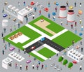 3D isometric rendering of industrial area with streets and people.