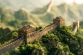 3D isometric representation of the Great Wall of China, featuring its massive fortifications, watchtowers, and rugged terrain