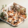 A 3D isometric office, with people working at their desks, talking on the phone, and collaborating on projects
