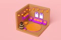 3d isometric room for halloween holiday party with cylinder stage podium empty, pumpkin head, party banner, skull, sofa, wooden