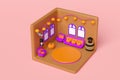 3d isometric room for halloween holiday party with cylinder stage podium empty, pumpkin head, party banner, skull, sofa, wooden