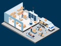 3D isometric Smart logistics concept with Warehouse Logistic, Workers loading products, transportation truck use wireless Royalty Free Stock Photo