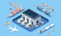 3D isometric Smart logistics concept with Warehouse Logistic, Workers loading products, transportation truck use wireless Royalty Free Stock Photo