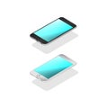 3d isometric smartphone. Vector realistic cell phone in perspective top view. Digital mockup generic device with a trendy light