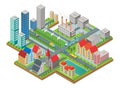 3d isometric three-dimensional modern city view. City with roads, skyscrapers, civil buildings and transport.