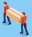 3D isometric two uniformed male lifting boxes to customers character for delivery and transport advertising concept design. Vector