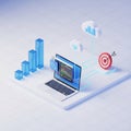 3D Isometric View of Laptop with Code, Bar Chart, Cloud, and Target Symbol on Grid Background Royalty Free Stock Photo