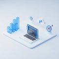 3D Isometric View of Laptop with Coding Screen, Data Bars, Cloud, and Target Icon Keywords: 3d, isometric, laptop, computer, Royalty Free Stock Photo