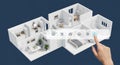 Smart Home Automation 3D Floor Plan with Interactive Icons and Finger Touch Royalty Free Stock Photo