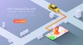 Isometric web banner car going to pin point at the gps map navigation application on smartphone