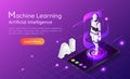 Isometric web banner personal assistant AI robot on smartphone