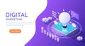 Isometric Web Banner Tablet Computer with Idea Light Bulb and Social Media Marketing Icon