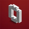 3d isometric white number Zero from lego brick on red background. 3d number from lego bricks. Realistic number