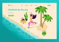 3D isometry, girl meditating on the beach, laptop with music for meditation, learn new asanas. High-quality illustration