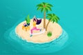 3D isometry, girl meditating on the beach, laptop with music for meditation, learn new asanas. High-quality illustration