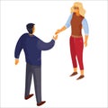 3d isometry, a man in a blue sweater shakes hands with a woman with blond hair, isolated object on a white background