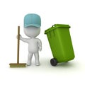 3D Janitor holding broom and having a wheelie bin