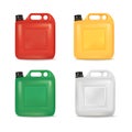 3d jerrycans. Color fuel jerrycan render, oil or gasoline plastic canister petrol gallon bottle car gas storage Royalty Free Stock Photo