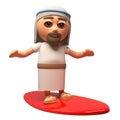 3d Jesus Christ cartoon character surfing on a surfboard, 3d illustration