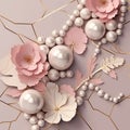 3d jewelry beautiful pattern background illustration with 3d pearls, necklace, paper cut surface flowers leaves in pink pastel