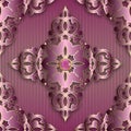 3d jewelry seamless pattern. Textured striped background. Luxury repeat vector backdrop. Baroque style ornaments in violet pink Royalty Free Stock Photo