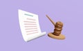 3d judge arbitrate gavel, hammer auction with stand, paper auction contract isolated on blue background. law, justice system