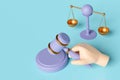 3d judge gavel, hand holding hammer auction with justice scales, stand isolated on blue background. law, justice system symbol Royalty Free Stock Photo