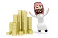 3D jumping Arab cartoon character, golden coins