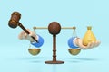 3d justice scales with hand holding wooden hammer, money bag icon isolated on blue background. law, auction, justice system symbol Royalty Free Stock Photo