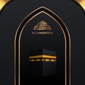 3d kaaba building with golden frame with dark background for islamic festival with arabic calligraphy