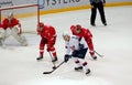 D. Kalinin (7) and I. Musatov (26) wait a faceoff Royalty Free Stock Photo