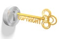 Copyright concept, golden key - 3D illustration