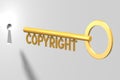 Copyright concept, golden key - 3D illustration