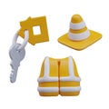 3D key with house tag, signal vest, cone. Vector templates for turnkey safe construction concept Royalty Free Stock Photo