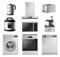 3d kitchen appliance. Realistic metal household electric machinery, steel color washing machine, closed dishwasher