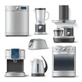 3D kitchen appliances. Realistic household equipment. Steel home electronics. Dishwasher and washing machine. Electric