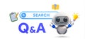 3d knowledge search, AI-powered chat bot, question and answer banner template. 3d rendered modern robot with search box