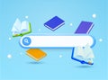 3d knowledge search, dictionary lookup, documentation banner template. Combination of search box and books, isolated on