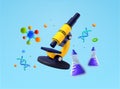 3d laboratory banner template with microscope, chemical liquid tube and glass, DNA icon. 3d rendered microscope icon
