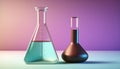 Laboratory glass flasks and test tubes with blue, pastel colors. Chemical and biological experiments Royalty Free Stock Photo