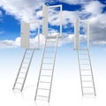 Ladders, doors, sky with clouds - 3D illustration Royalty Free Stock Photo