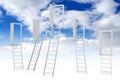 Ladders, doors, sky with clouds - 3D illustration Royalty Free Stock Photo