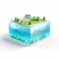 3d Land And Ocean Cube: Scientific Illustration Of Atoll On White Background