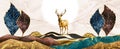 3d Landscape art mural wallpaper trees, golden, blue, and black mountains, white marble background. Golden deer in white marble