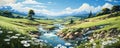 3D Landscape Art of Romantic Riverscape with Realistic Flowers and Water Drops - Anime Aesthetic