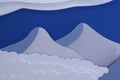 3D landscape with mountain tops and clouds among them in blue and lilac colors in the style of paper design or applique