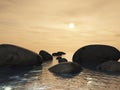 3D landscape with stepping stones in an ocean against a sunset s Royalty Free Stock Photo