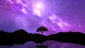 3D landscape with tree silhouetted against a night time space sky