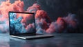 3D laptop cloud data shielded by Cyber Security for data protection. Concept 3D Modeling, Laptop