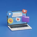 3D Laptop Displaying Social Media Icons and Digital Content on a Blue Background computer Royalty Free Stock Photo